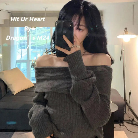 Off Shoulder Tops for women Long Sleeve Elegant Knitted Sweater Sexy Pullovers Y2k Clothing Korean Style White Black Grey