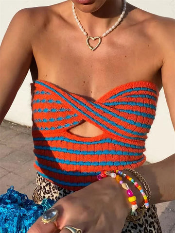 Off Shoulder Knit Tube Top Sexy Strapless Backless Bustier Tops For Women Stripe Cropped Top Hot Summer Streetwear