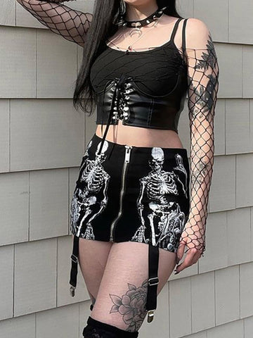 Goth Dark Skull Graphic Mall Gothic Aesthetic Mini Skirts Grunge Punk Low Raise Emo Sexy Skinny Skirt Zip Up Fashion Alt Clothes