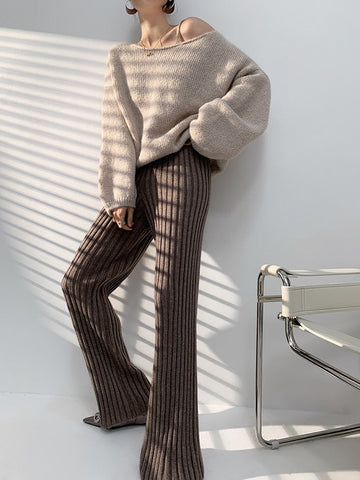 Knitting Pit Strip Wide-leg Pants Women's Autumn Winter High-waisted Slim Drapey Straight-tube Micro-trumpet Mopping Long Pants