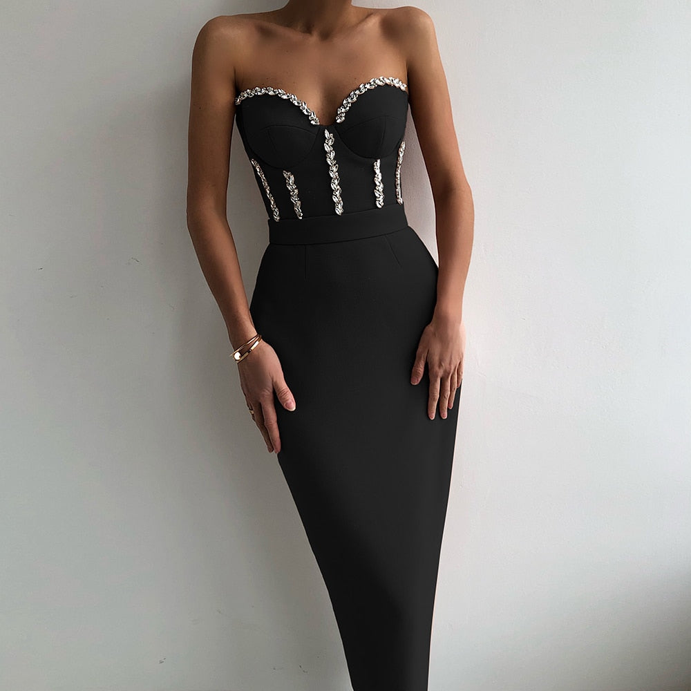 Summer Sexy Strapless Bodycon Women Bandage Dress Elegant Beading Vestido Night Club Outfit Evening Party Midi Robe Dresses