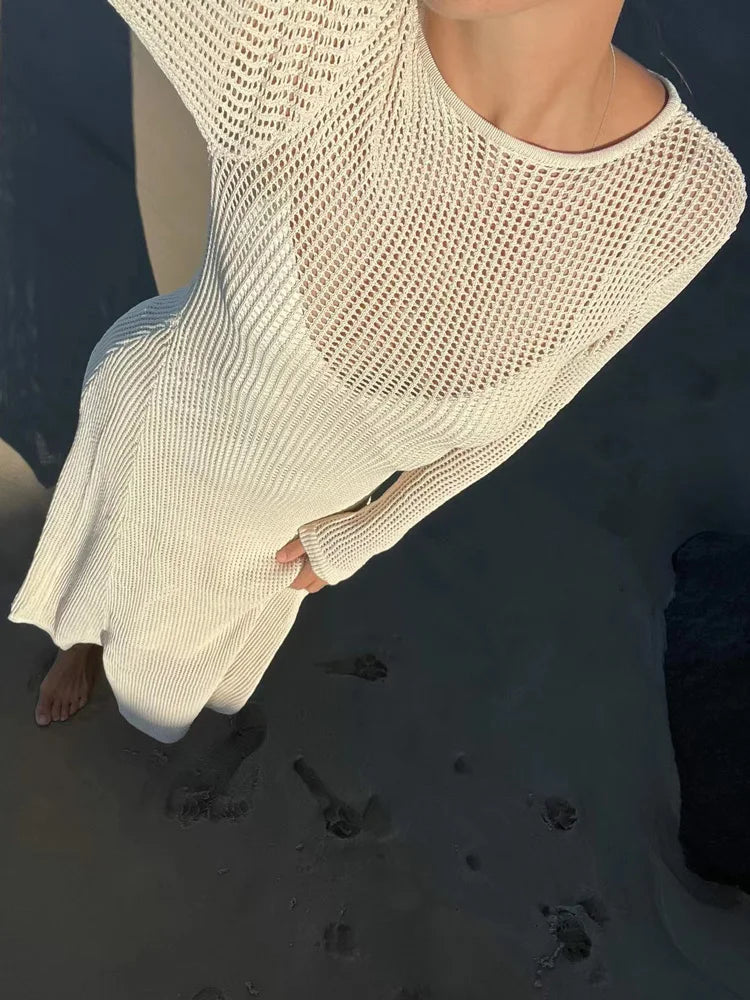 White Crochet Hollow Out Midi Dress For Women Long Sleeve Casual Dress Beach Holiday See-Through Summer Dress Cover-Up