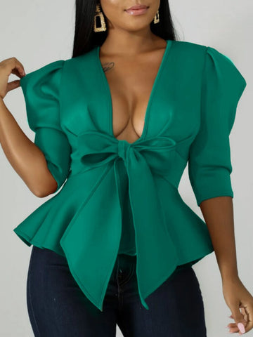 Pbong mid size graduation outfit romantic style teen swag clean girl ideas 90s latina aestheticWomen Peplum Blouse Tops with Waist Belt Bowtie Half Sleeves Deep V Neck Sexy Party Clubwear Night Date Out Evening Bluas Ladies