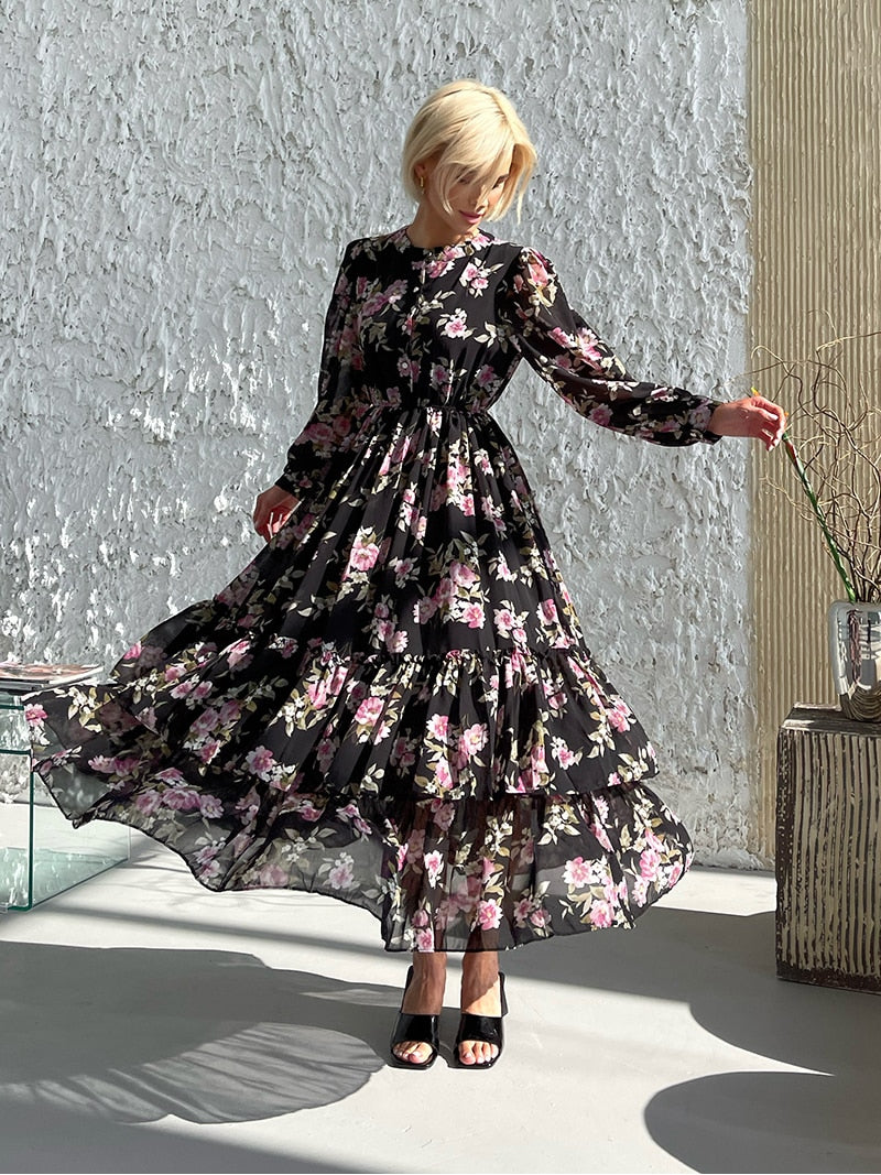 Elegant Pleated Long Sleeve Chiffon Evening Dresses Women Pink Blue Black White Floral Beach Long Maxi Summer Dress Women