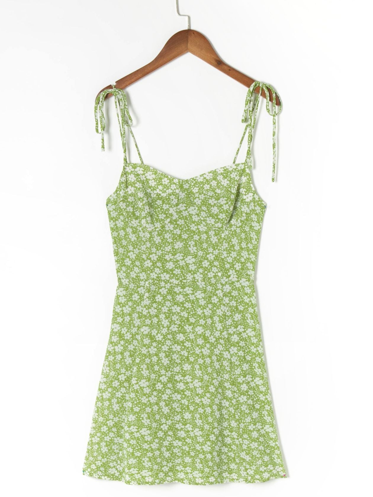 Retro French Yellow Green Floral Grass Print Spaghetti Strap Dress Sexy Women Lacing Up Sling Short Dresses Holiday Robe