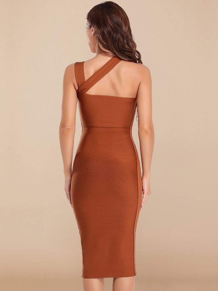 Pbong mid size graduation outfit romantic style teen swag clean girl ideas 90s latina aesthetic  Autum Sexy Elegant Brown HL Bandage Dress Bodycon Hollow Out Halter One Shoulder Vestido Midi Length Club Party XL