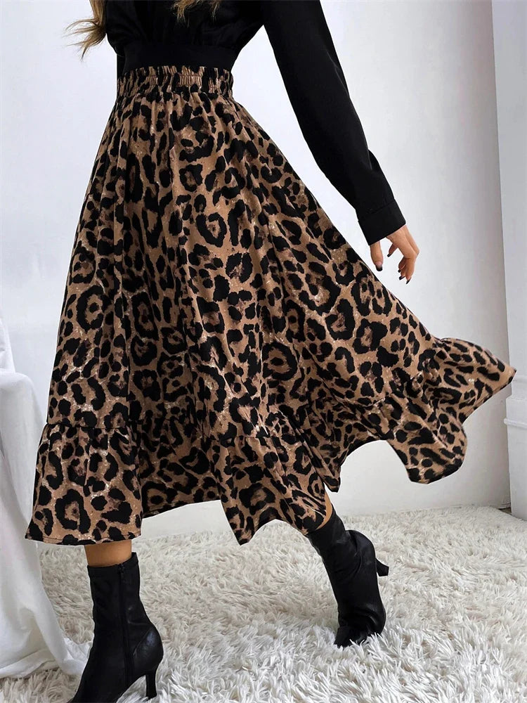 High Waist Leopard Midi Skirt For Women Casual Boho Printed Long Tulle Skirt Ladies Autumn New Chiffon A-line Skirt