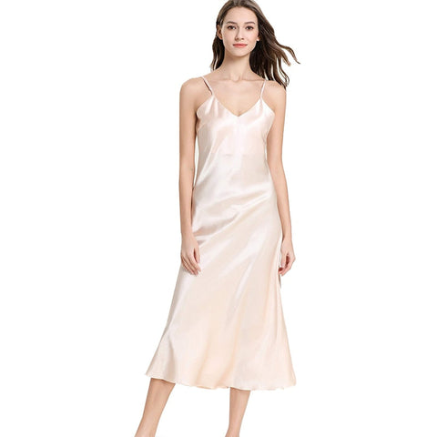 Women's Satin Nightgown Long Slip Sleep Dress Silk V Neck Sleepwear Solid Color Nightwear