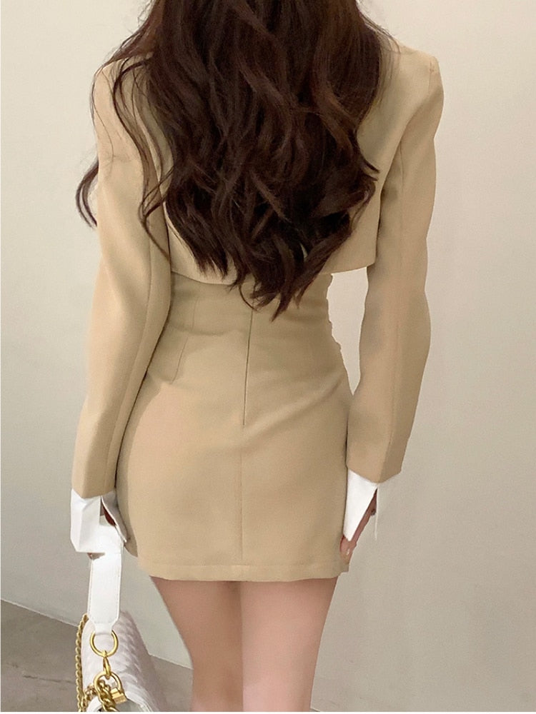 2 Piece Dress Set Women Casual Y2k Crop Tops Elegant Jacket Coats + Mini Skirts Korean Fashion Suits Autumn Blazers Dress