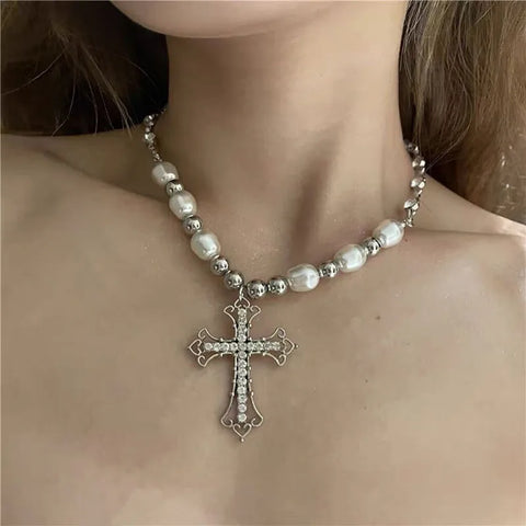 Punk Y2K Pearl Cross Pendant Necklace Hip Hop Retro Women Religious Zircon Chain Necklaces Girls Party Trendy Jewelry Gifts