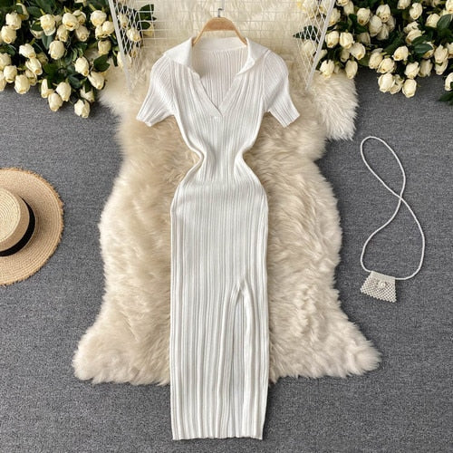 Chic Stripe Elastic Slim Elegant Split Wrap Bodycon Dress Sexy Short Sleeve Casual Lapel Women Fashion Knit Vestido Pencil Dress