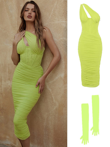 Summer Midi Mesh Dress Bodycon One Shoulder Eveining Night Party Dresse Cut Out Draped Women Birthday Dress Elegant Stretch