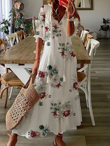 Sexy Women V Neck Party Dresses Vintage Printed Boho Long Dresses Elegant Flying Sleeve Fashion Sexy Slim Maxi Dress Mujer