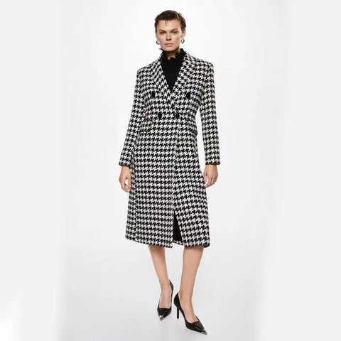 Fashion Houndstooth Faux Wool Jacket Women Autumn Korean Elegant Single Breasted Long Overcoat Winter Thick Warm Blend Outwear