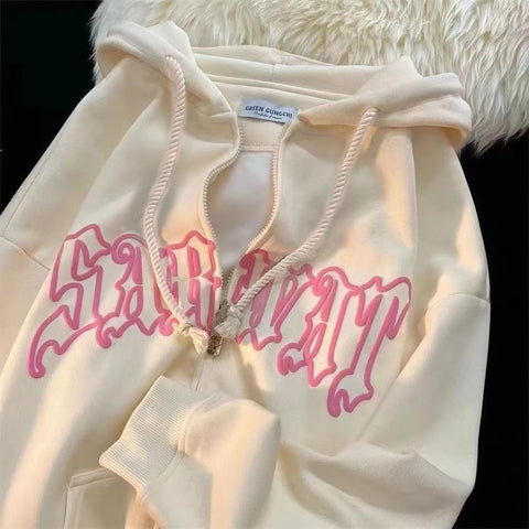 Women Letter Embroidery Hoodies Men Zipper Long Sleeve Loose Hooded Sweatshirts Autumn Winter Retro Pocket Oversize Jacket Coats