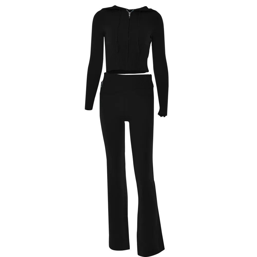 Solid Knitted 2 Piece Sets Women Tracksuit Long Sleeve Zipper Hooded Sweater Jackets Crop Top Flare Pants Stretchy Matching Suit