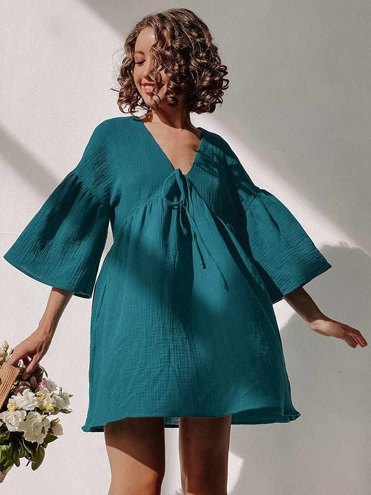 Peplum Half Sleeve Cotton Night Dress Women V Neck Sleepwear Female Summer Casual Woman Dresses Loose Solid Pajamas