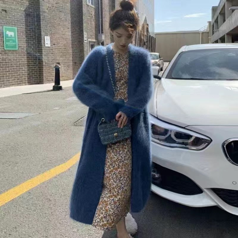 Imitation Mink Long Cardigan Women Casual Loose Soft Sweater Gilet Elegant Fall Winter Fluffy Knitwear Jackets Warm Knit