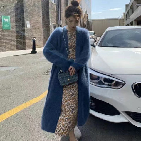 Imitation Mink Long Cardigan Women Casual Loose Soft Sweater Gilet Elegant Fall Winter Fluffy Knitwear Jackets Warm Knit