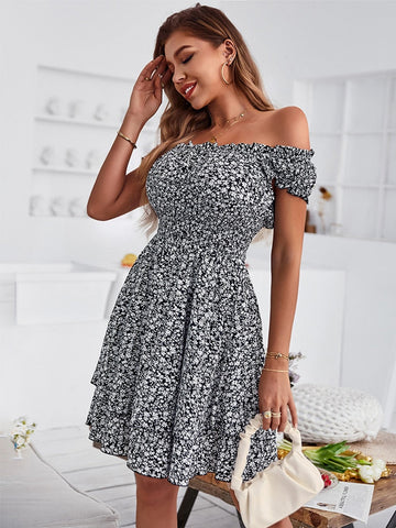 Summer Square Collar Cotton Print Dress Women Casual Short Sleeve Slim High Wasit Floral Off The Shoulder Dresses