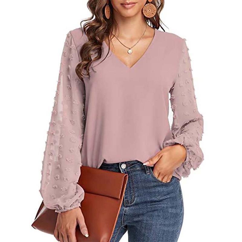 Solid Women Blouse Spring Fashion V Neck Long Sleeve Elegant Office Work Shirts Tops Lady Plus Size Casual Chiffon Blouses