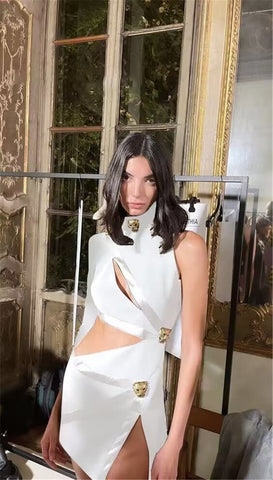 New Style One Shoulder Women Bandage Dress Fashion Patchwork Hollow Out Sexy Outfits Black Nightclub Party Female Vestidos