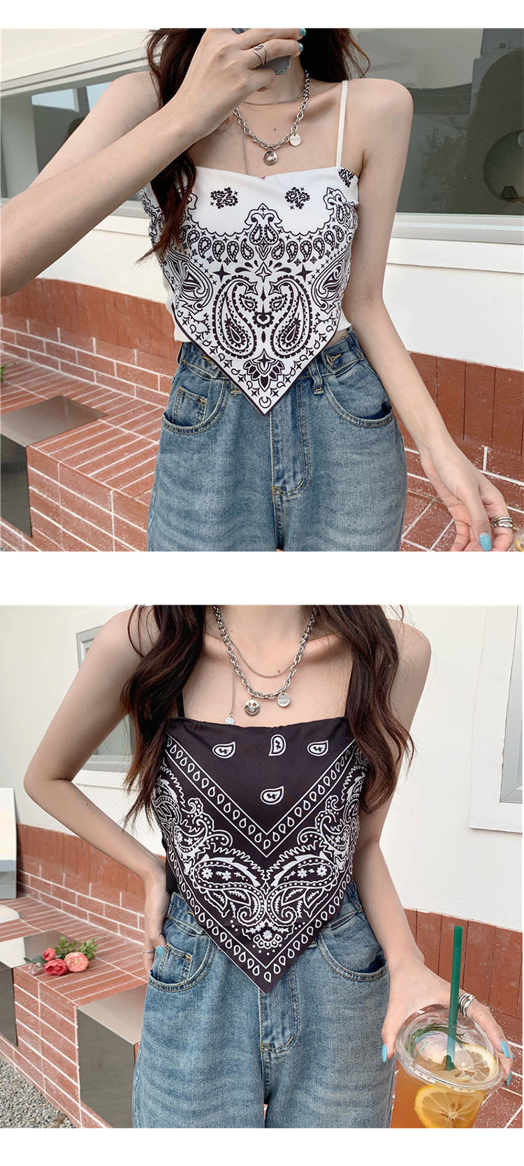 Retro Camisole Summer Short Triangle Top Mercerized Cotton Paisley Printed Indie Folk Woman Sexy Spaghetti Camis Crop Tops Pbong mid size graduation outfit romantic style teen swag clean girl ideas 90s latina aesthetic