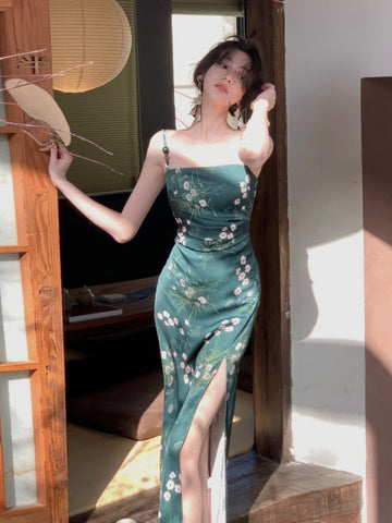 Women Slash Neck Sexy Strapless Retro Green Printing Elegant Temperament Fitting Suspender Slit Bodycon Long Midi Dress Summer