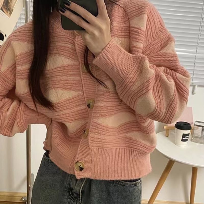 Women Wave Stripe Sweater Cardigan Autumn Long Sleeve Knitted Cardigans Lazy Sweater Female Single Breasted Knit Coat