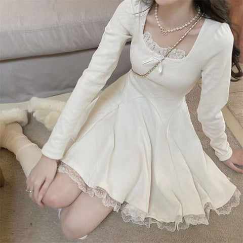 Knitted Kawaii Lace Dress Women Knit Wrap Short Dresses Party Evening Korean Fashion Knitwear Autumn Robe Female