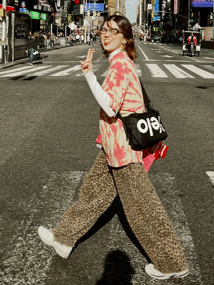 Y2k Leopard Print Women Pants  Spring Chic Loose High Waist Wide Leg Panther Pant Ladies Fashion High Street Jean Trousers