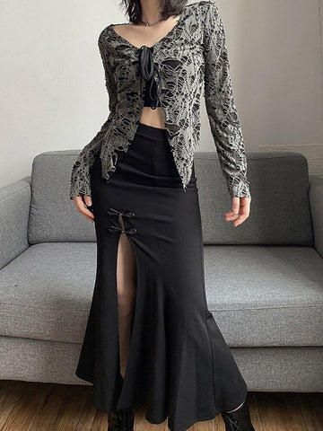 Goth Dark Elegant Mall Gothic Trumpet Women Midi Skirts Grunge High Waist Split Sexy Club Long Skirt Slim Party Streetwear 2023