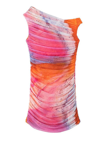 Chic Printed Tulle Mini Dress For Women Sexy Skinny Slash Neck Sleeveless Pleated Dresses Summer Lady Party Club Vestidos