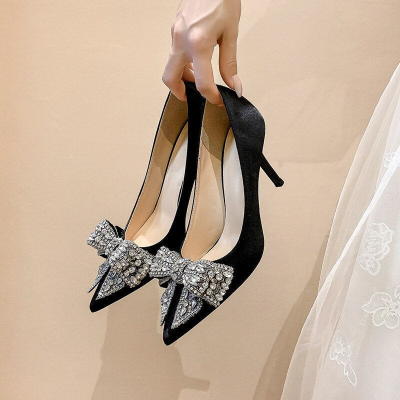 6cm New Fashion Satin Pointed Toe with Rhinestone Bow Sexy High Heels Banquet Party Women Shoes 41 42 43