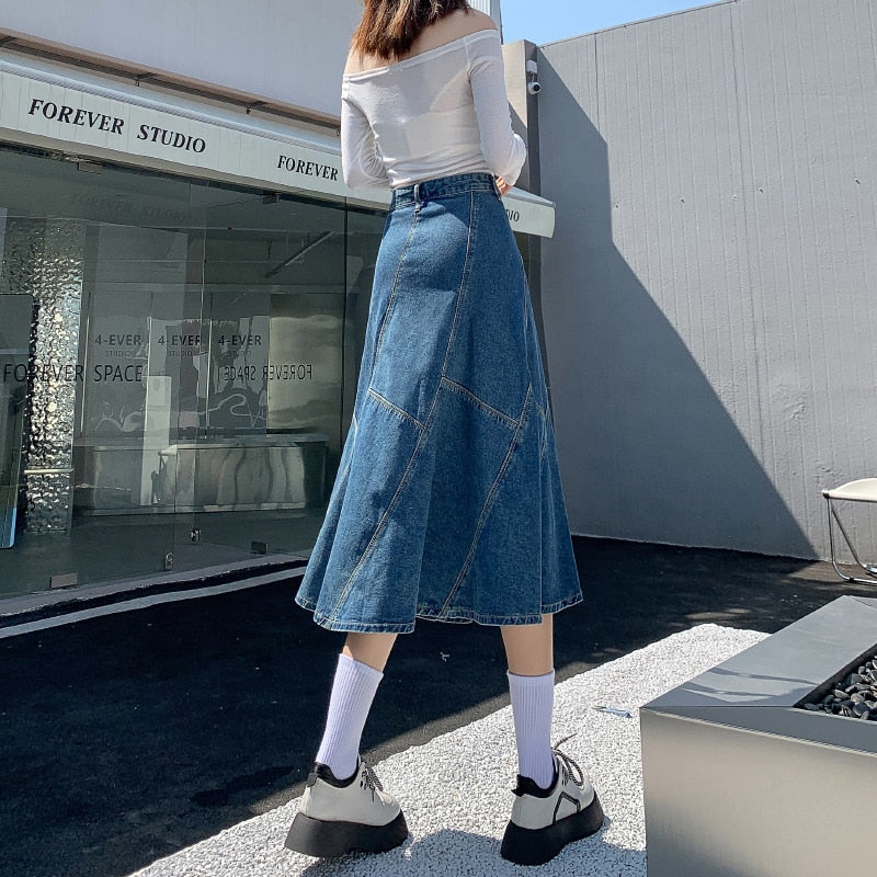 Vintage Women Denim Trumpet Skirt Streetwear Casual Irregular Patchwork A Line High Waist Ladies Mermaid Jean plaid Skirt