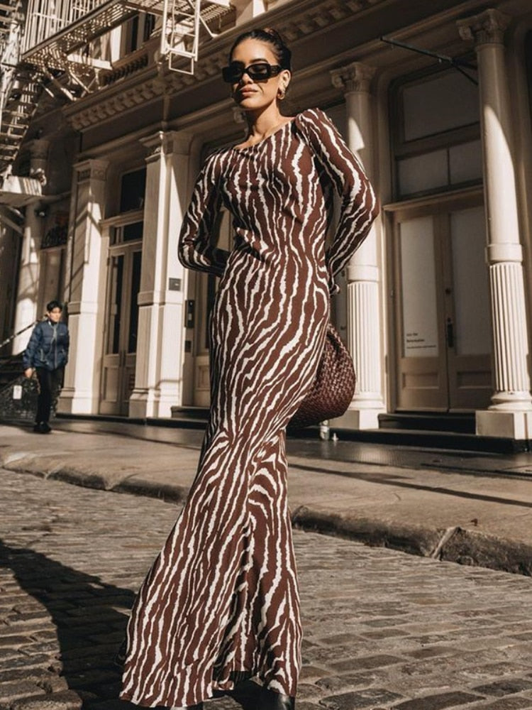 Elegant Zebra Print Maxi Dress for Women Outfits Sexy See Through Long Sleeve Bodycon Club Party Dress Spring Casual Dress