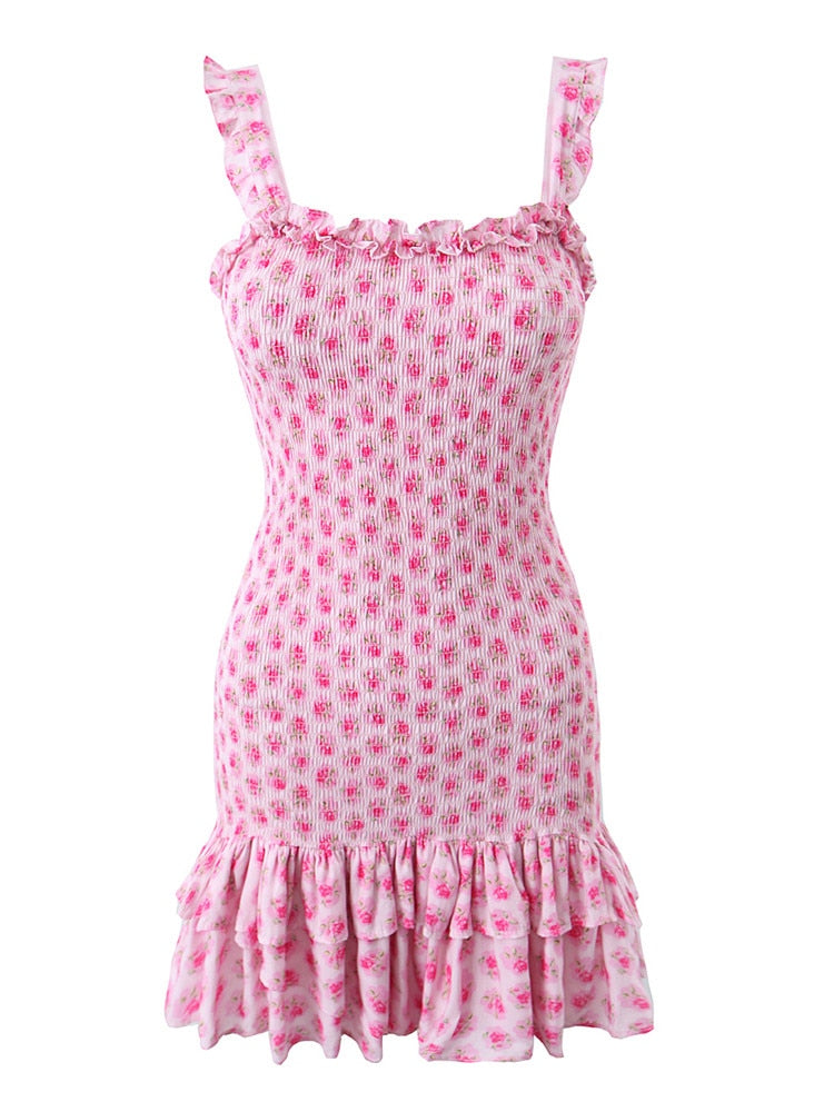 Romantic Pink Flower Print Corset Ruched Elastic Body Sling Mini Dress Woman Wood ears Ruffles Hem Package Hips Holiday Robe