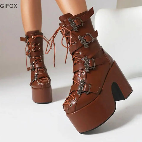 Brand New Big Size 43 Platform Gothic Cool Street Cosplay Halloween Gift Zipper Chunky High Heels Motorcycles Boots Shoes Woman
