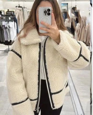 White Faux Teddy Fur Lapel Zipper Up Women Jacket Long Sleeve Contrast Bike Motorcycle Coats Autumn Winter Chic Casual Tops