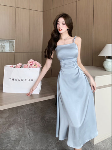 Elegant Women Satin Dress Chic Side Hollow Out Slim A-Line Formal Dresses Spaghetti Strap Square Collar Summer Vestidos