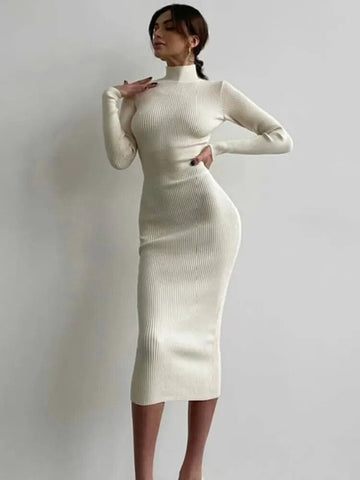 Knitted White Dress Turtleneck Long Sleeve Bodycon Dress Autumn Winter Elegant Party Evening Black Dresses for Women