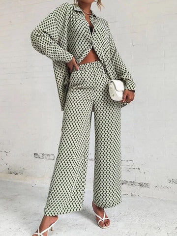 New Fashion Commuter Outfits Women Lapel Long Sleeve Shirt + Wide Leg Long Straight Pants Casual Print High Street Two Piece Set