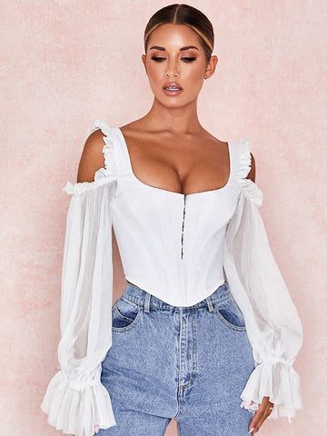 Pbong mid size graduation outfit romantic style teen swag clean girl ideas 90s latina aestheticSexy Women Tops White Spaghetti Strap Off Shoulder Mesh Top Wholesale Ruffle Sleeves Sweet Camis Party Club