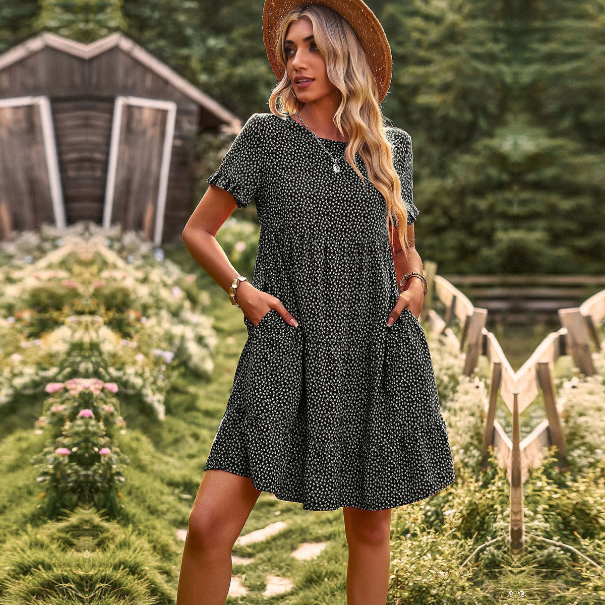 M Women Casual Holiday Print Dress Spring Summer O Neck Short Sleeve Temperament Pastoral A Line Dresses
