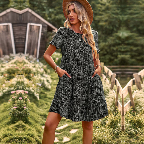 M Women Casual Holiday Print Dress Spring Summer O Neck Short Sleeve Temperament Pastoral A Line Dresses