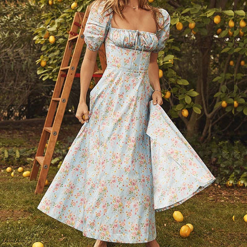 Women Floral Print Long Dress Summer Chic Short Sleeve Square Collar Split A Line Party Sundress Ladies Holiday Beach Vestidos