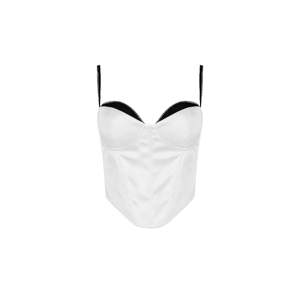 Thick Satin Bustier Corset Crop Top with Chest Pads Spaghetti Strap White Bodycon Top Summer Women Tops with Fishbone