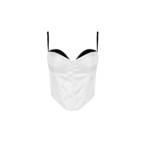 Thick Satin Bustier Corset Crop Top with Chest Pads Spaghetti Strap White Bodycon Top Summer Women Tops with Fishbone