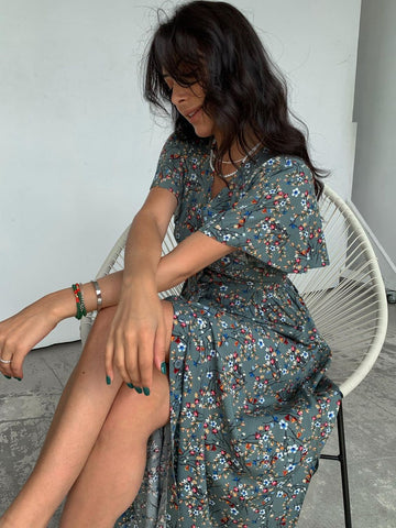 Boho French Style Flower Printed Dress Women V-Neck Elegant Lace-up Sundress Summer Elegantes Para Mujer Maxi Dress Vestido