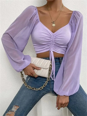 Woman's Tops Puff Sleeve Sexy Close-Fitting Summer and Spring Lace up V-neck Fashion Solid Color Simple Long Sleeve Hot